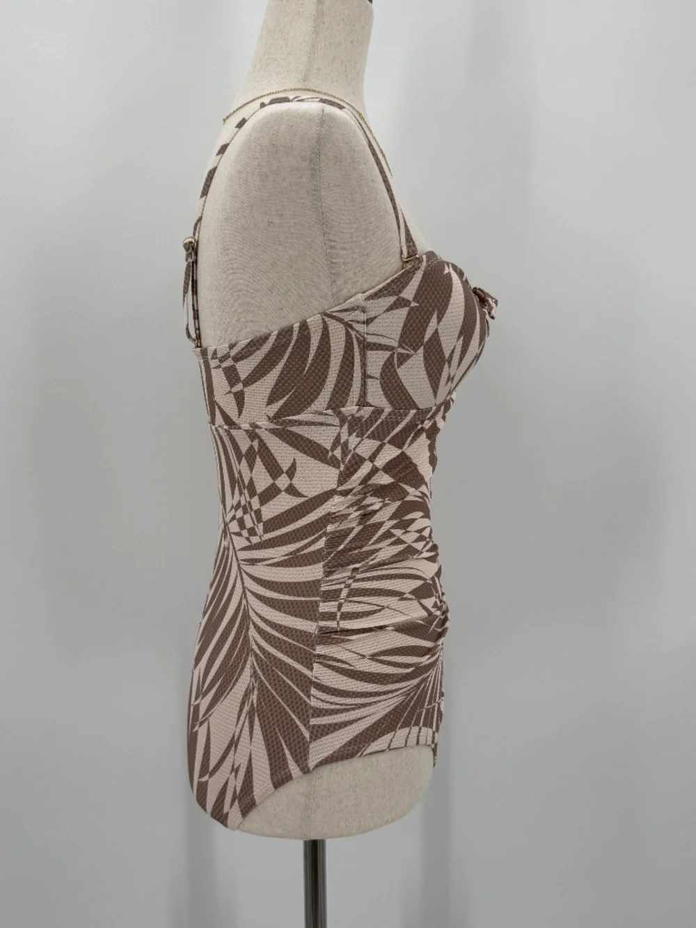 One Piece Swimsuit Palm Leaf Tan Brown Front Tie Keyhole Ruched Women XS